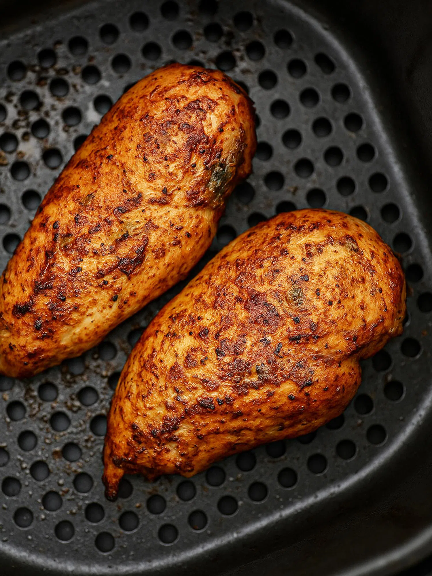 Two seasoned, golden-brown chicken breasts cooking inside a black air fryer basket.
