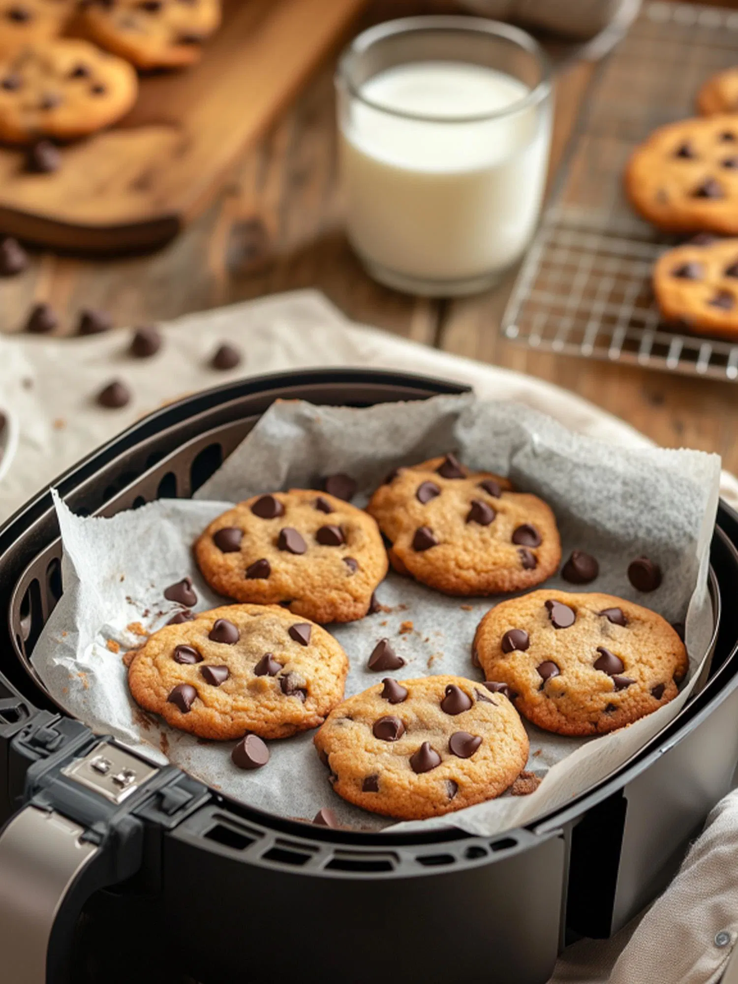 Freshly baked chocolate chip cookies inside an air fryer basket lined with parchment paper