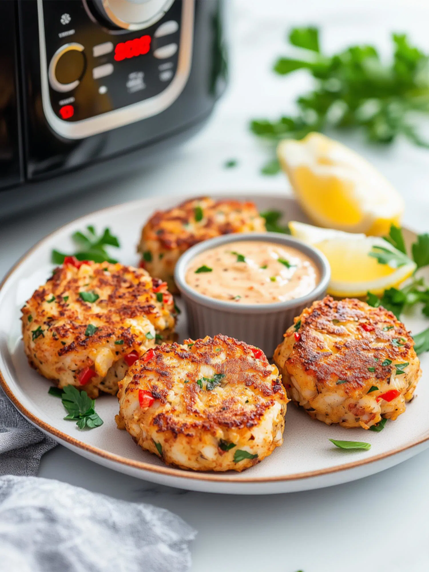 Golden brown air fryer crab cakes on a white plate with remoulade sauce and lemon wedges