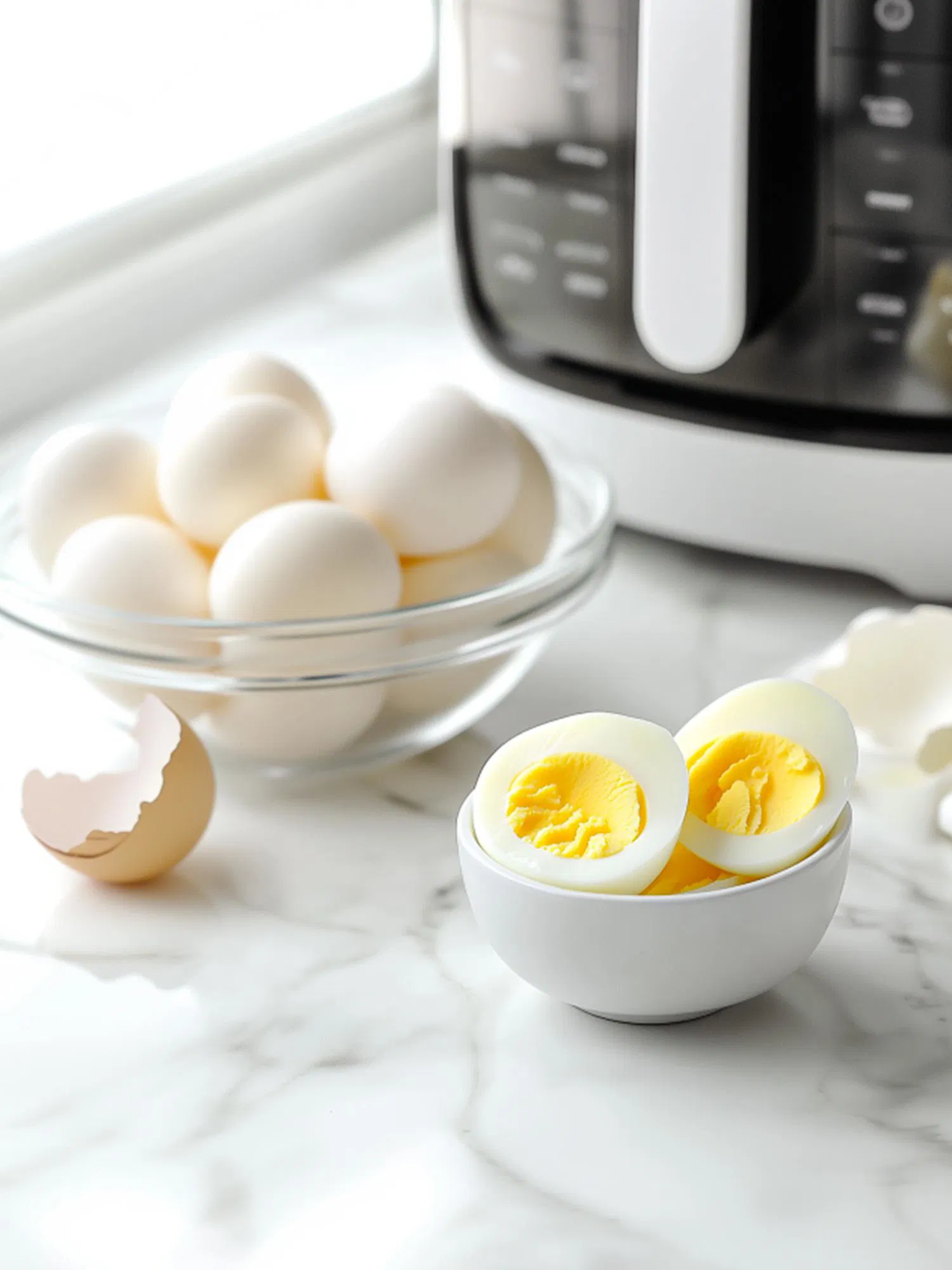 Halved hard-boiled eggs in a white bowl with raw eggs and an air fryer in the background