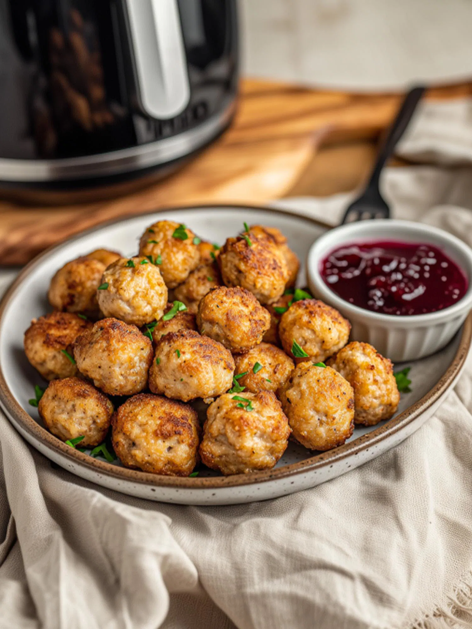 Golden brown air fryer meatballs on a ceramic plate garnished with parsley and served with a side of lingonberry jam