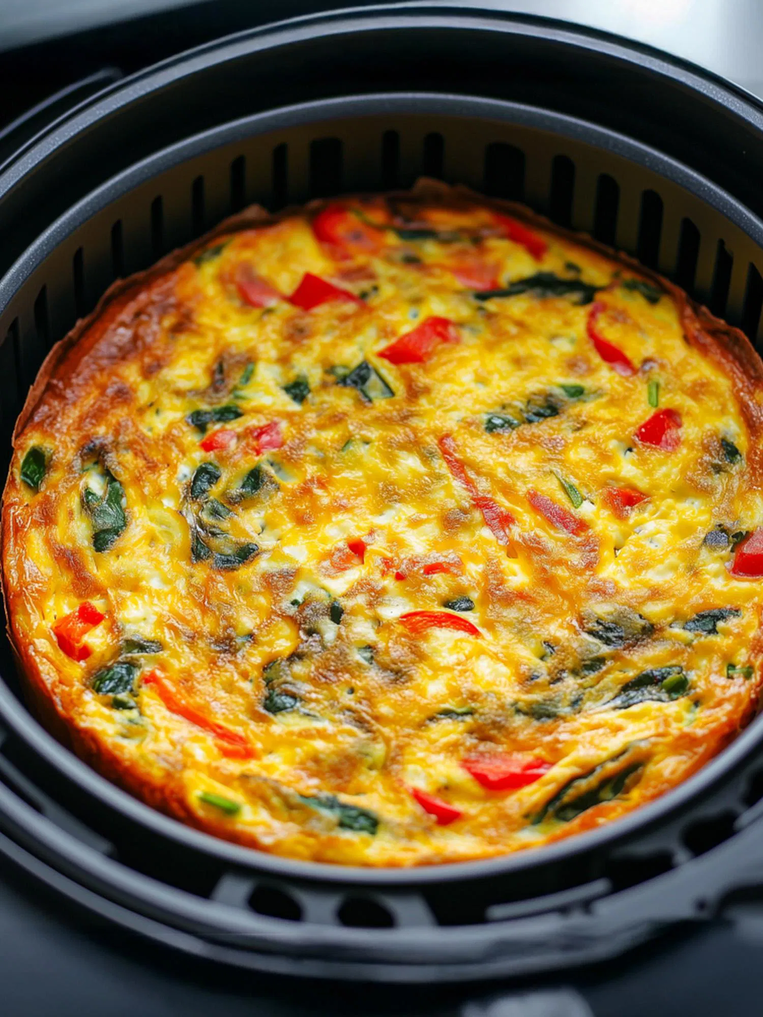 Close-up of a golden brown spinach and red pepper frittata baked inside a black air fryer basket.