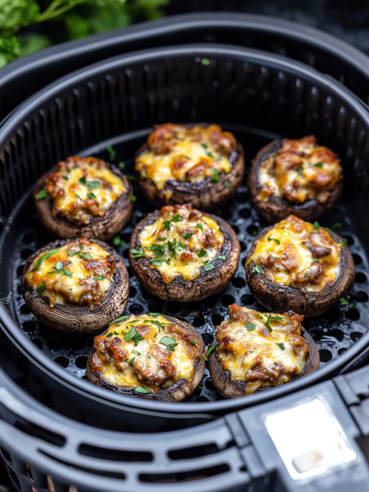 Eight stuffed mushrooms topped with melted cheese and herbs sitting inside a black air fryer basket