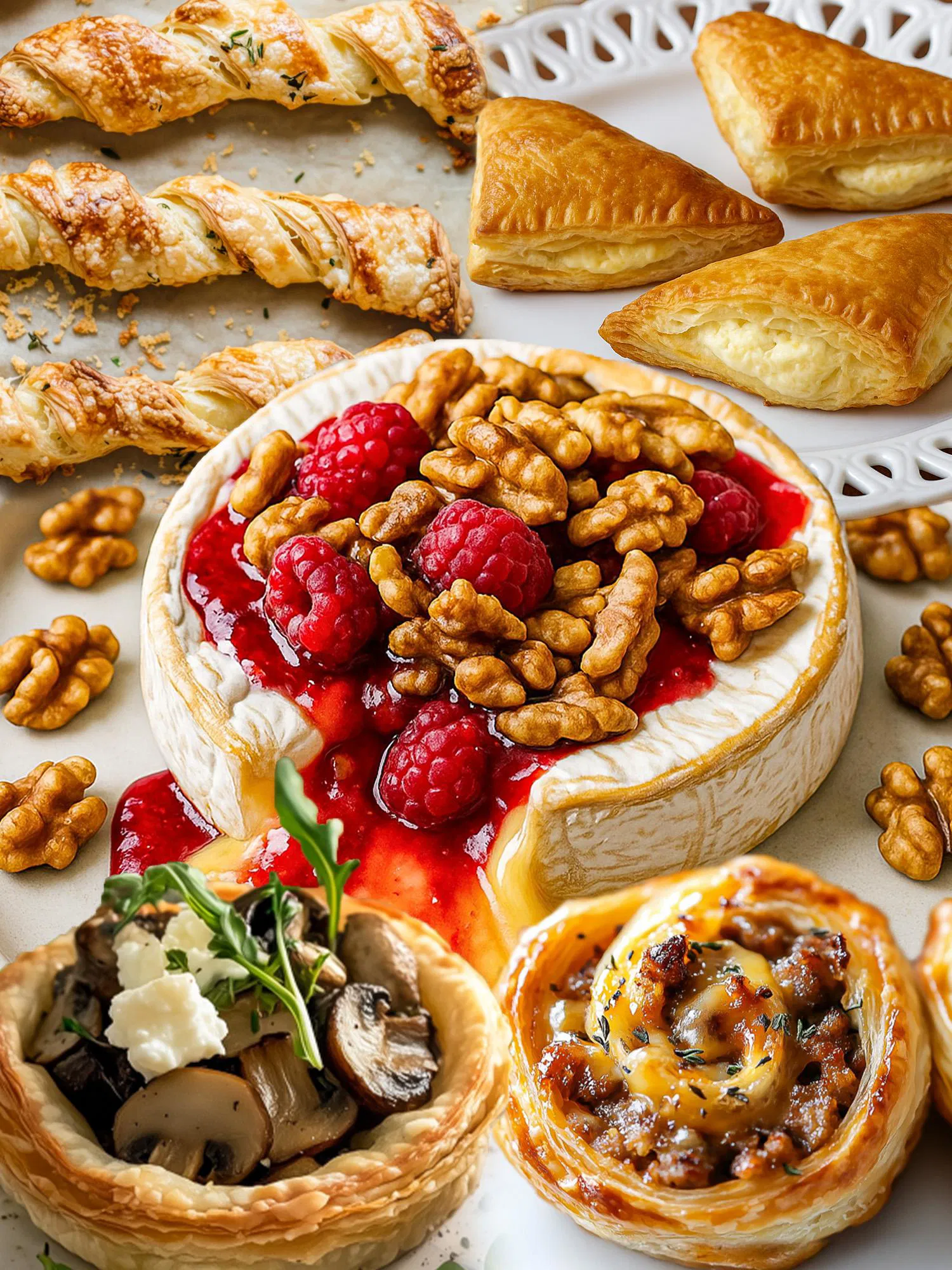 Baked brie wheel topped with raspberries and walnuts surrounded by an assortment of golden puff pastries and tarts