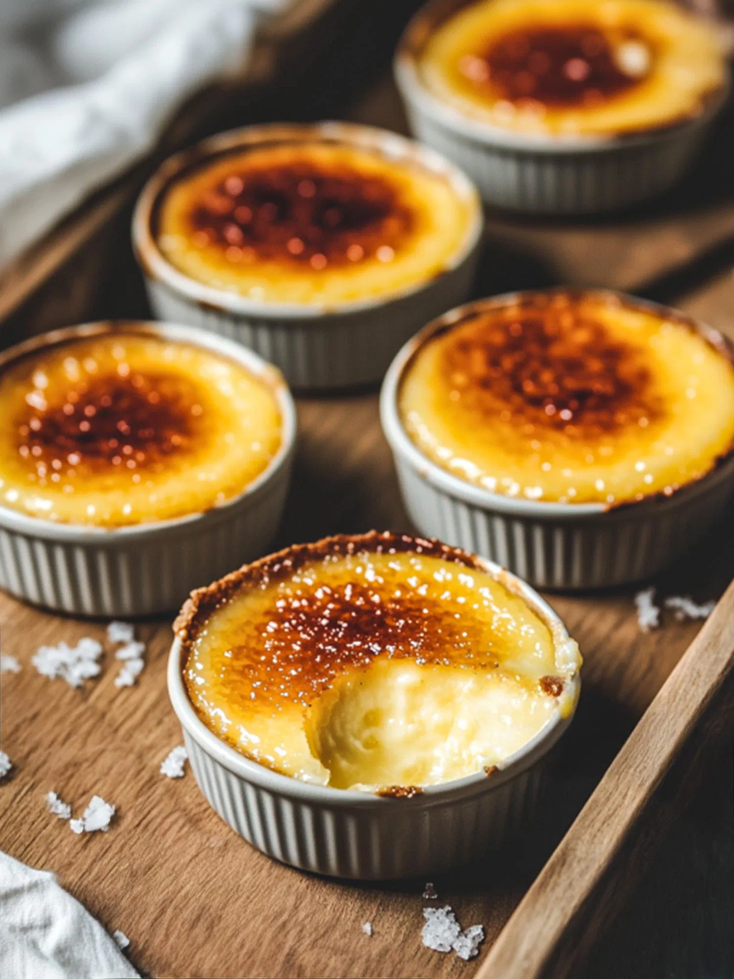 Five ramekins of crème brûlée on a wooden tray with caramelized sugar tops, one showing the creamy custard interior.
