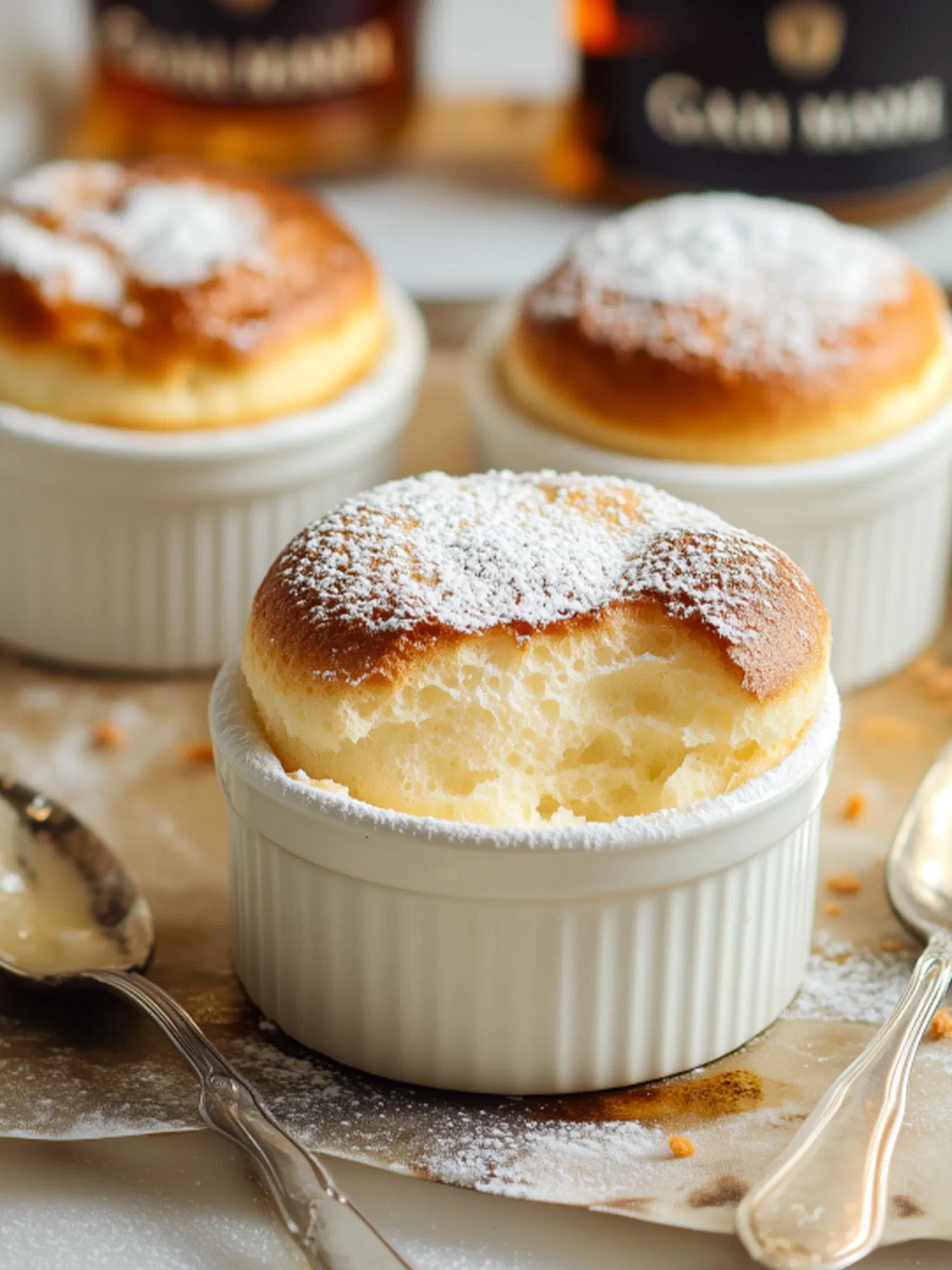 Fluffy golden-brown soufflé in a white ramekin topped with powdered sugar, with two more in the background and silver spoons.