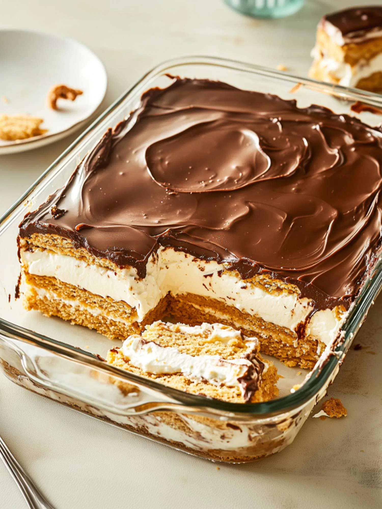 Sliced graham cracker eclair cake with layers of white cream and chocolate frosting in a glass dish