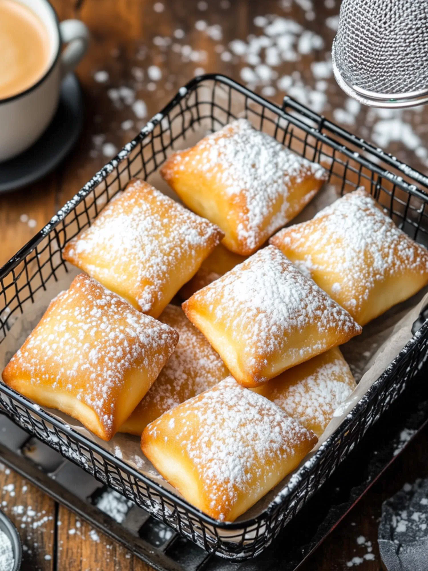 Golden-brown square beignets generously dusted with powdered sugar in a black wire basket next to coffee