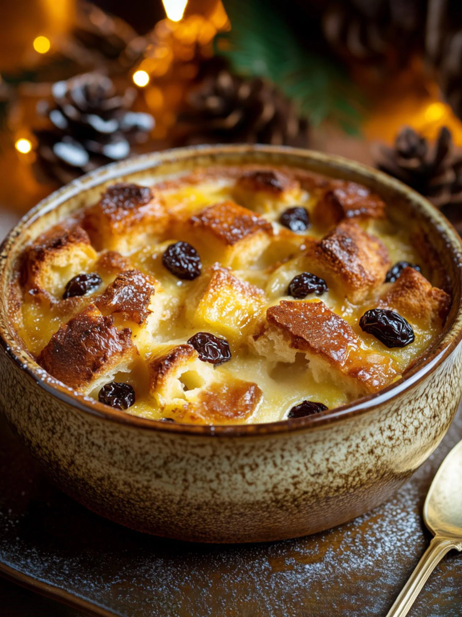 Golden brown bread pudding with raisins in a rustic ceramic bowl, set against a backdrop of warm holiday lights and pinecones