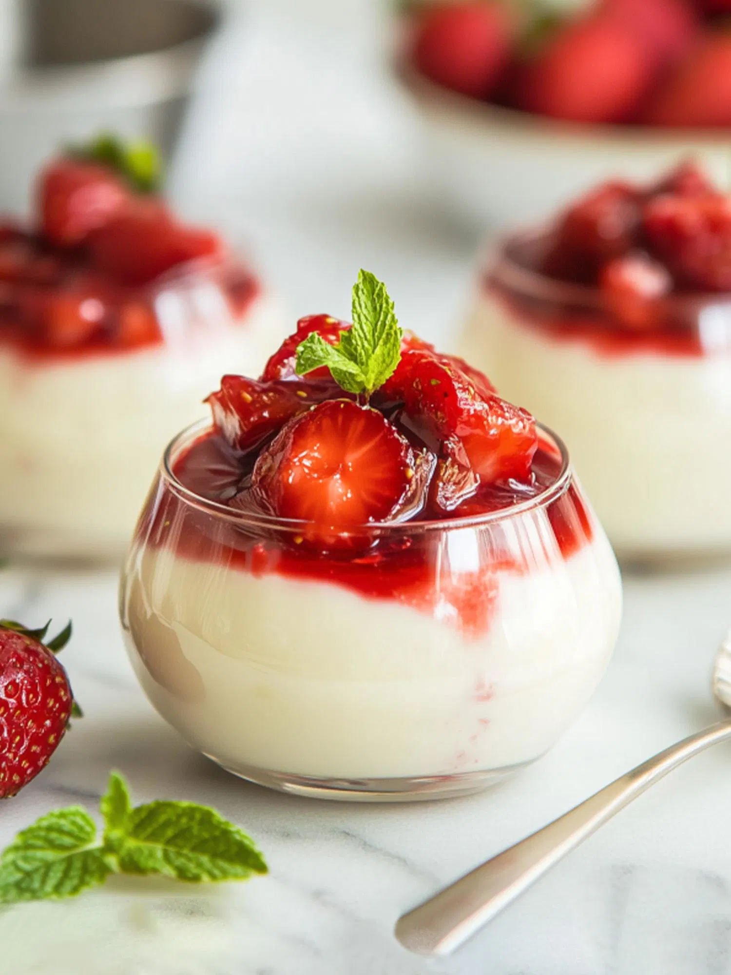 Glass bowl of white creamy dessert topped with red strawberry compote and a mint sprig on a marble surface