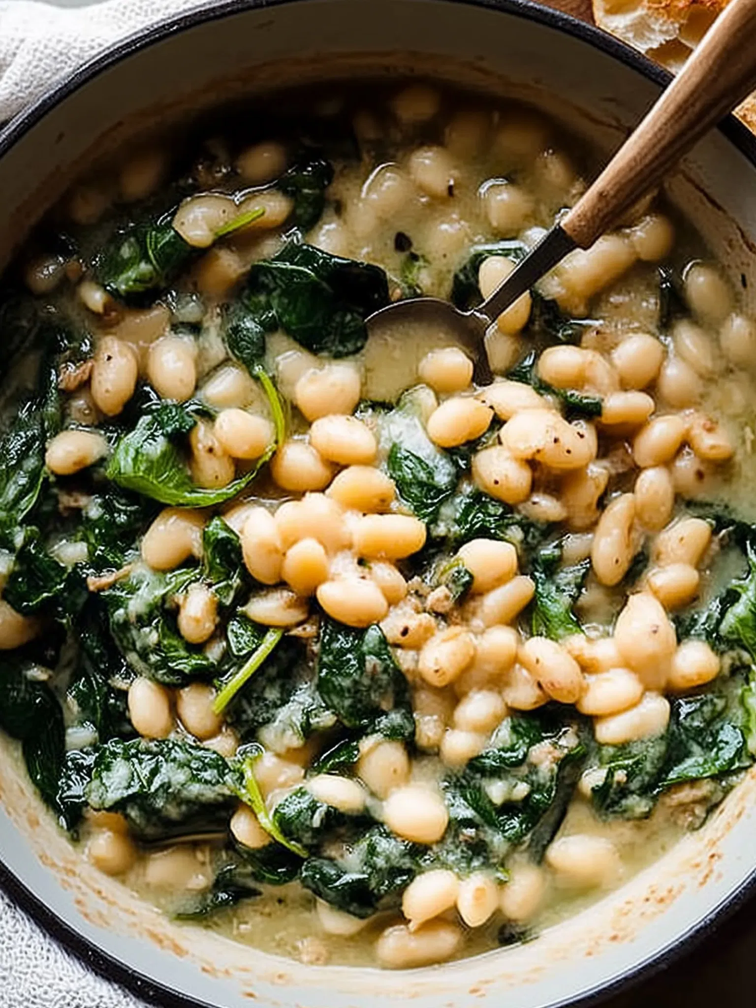 Creamy white bean and spinach stew simmering in a white enamel pot with a wooden-handled spoon