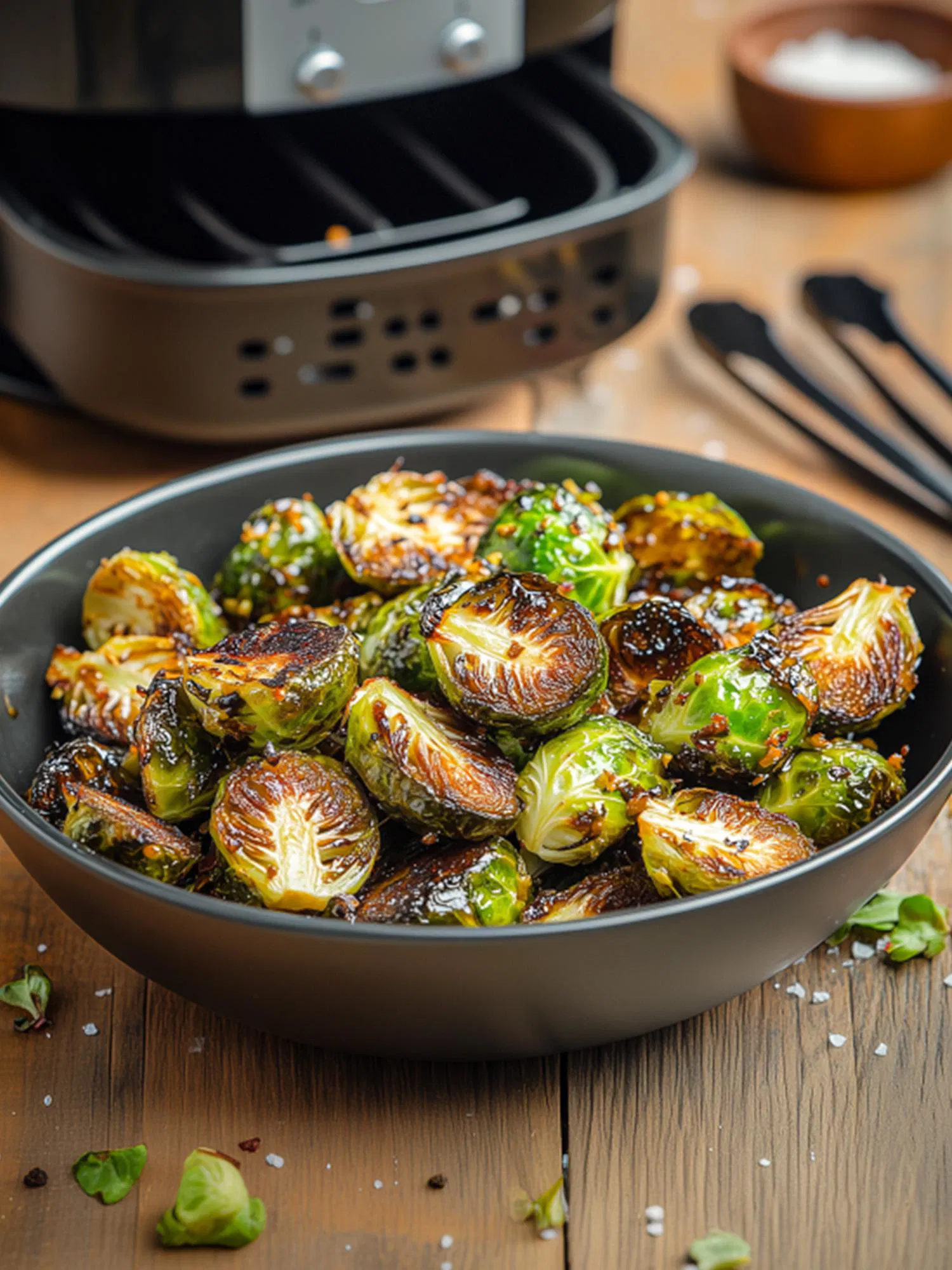 Bowl of roasted Brussels sprouts with charred edges in front of an air fryer basket on a wooden table