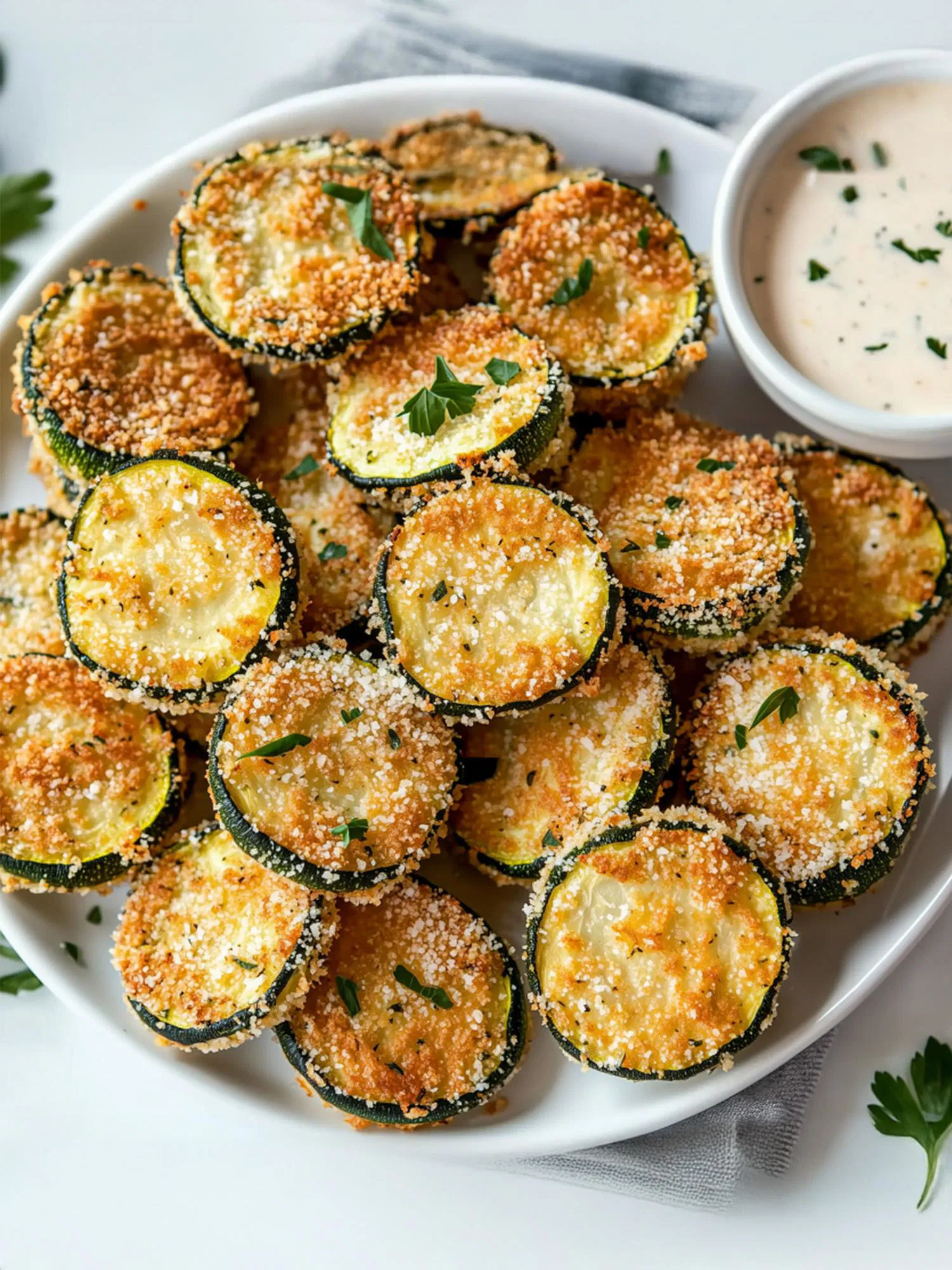 Golden brown baked parmesan zucchini chips piled on a white platter with a side of creamy dipping sauce