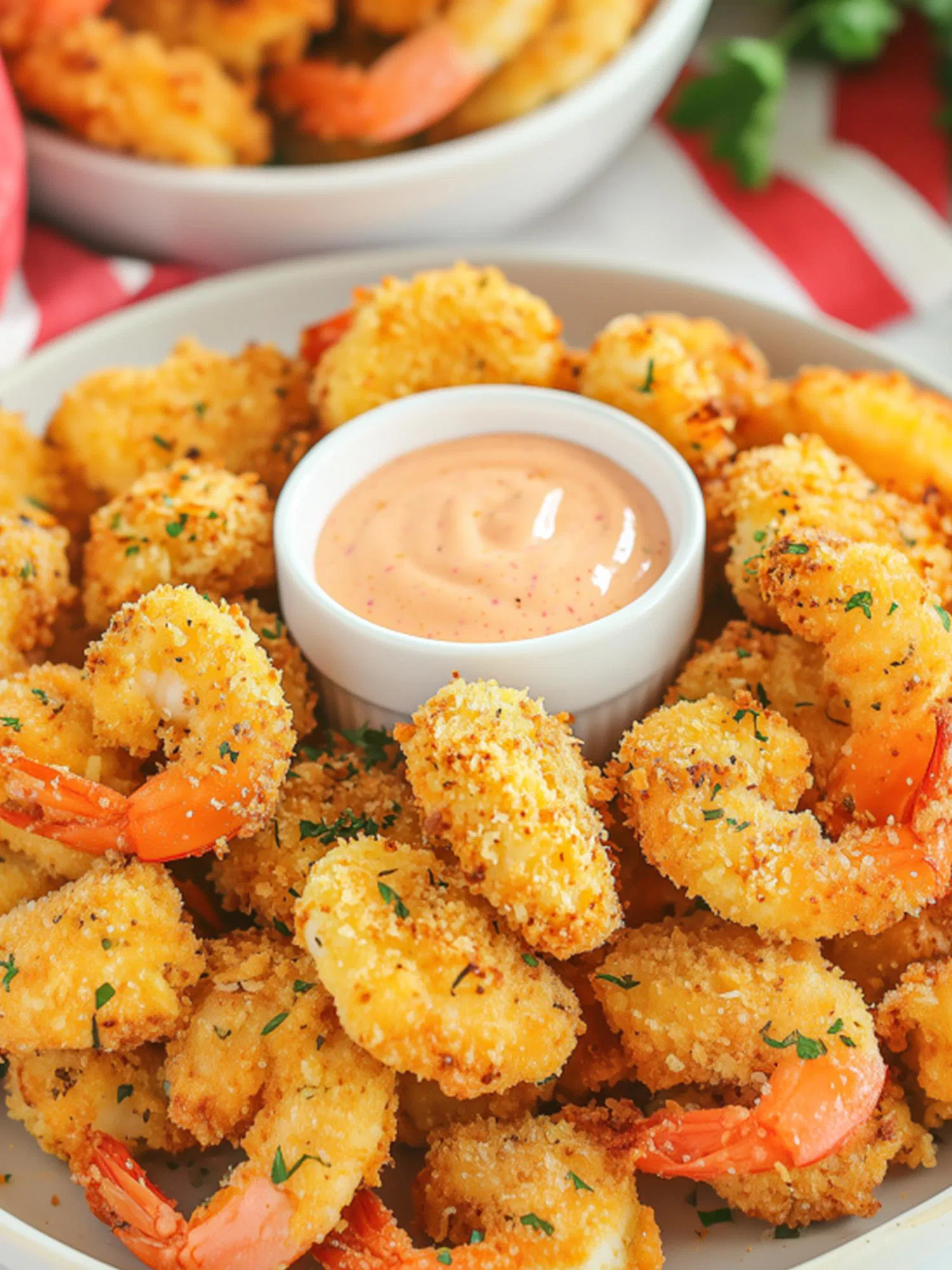Golden breaded shrimp arranged on a plate around a central bowl of creamy pink dipping sauce, garnished with fresh parsley