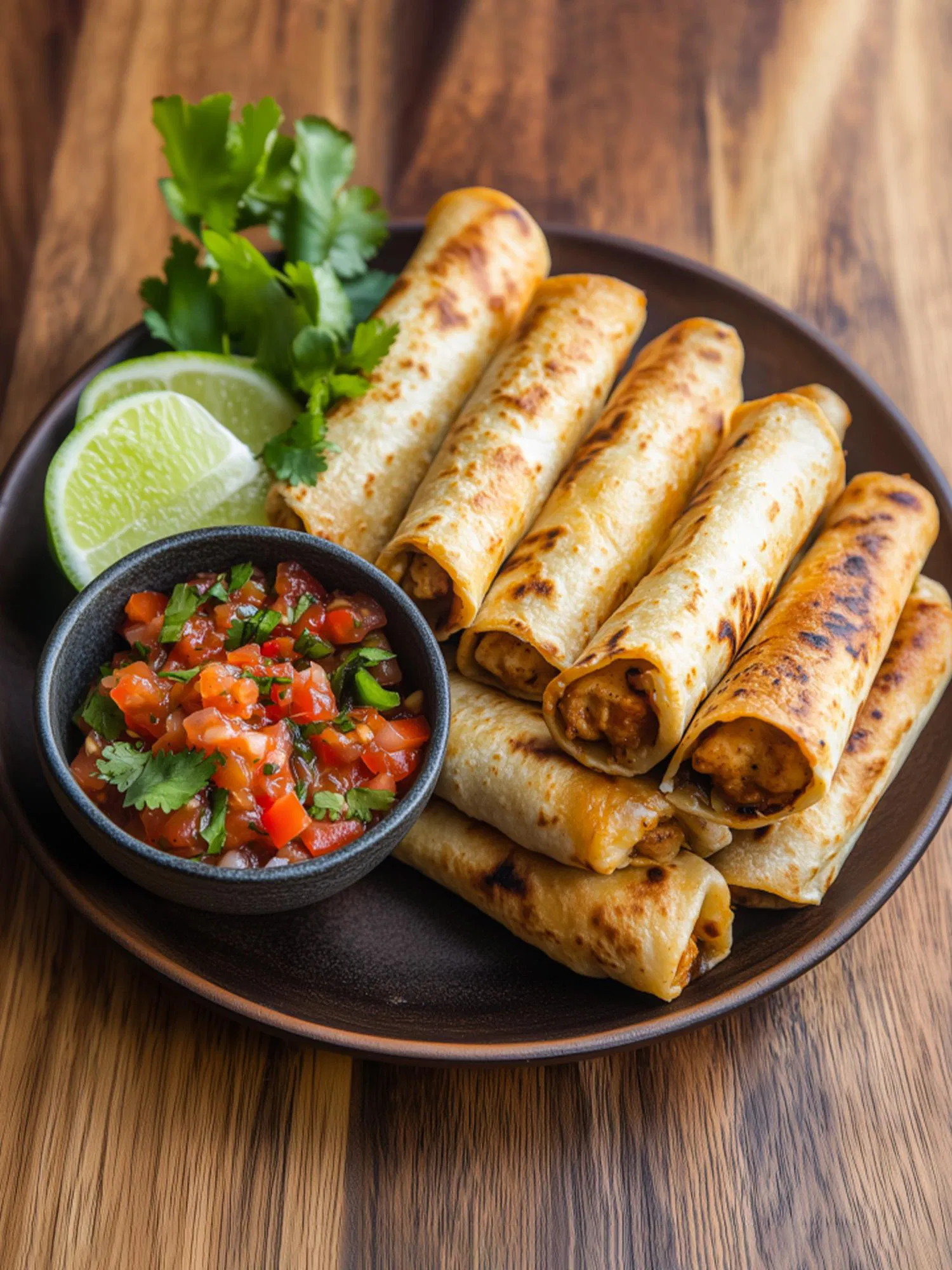 Golden brown chicken taquitos stacked on a dark plate with a side of fresh pico de gallo, lime wedges, and cilantro