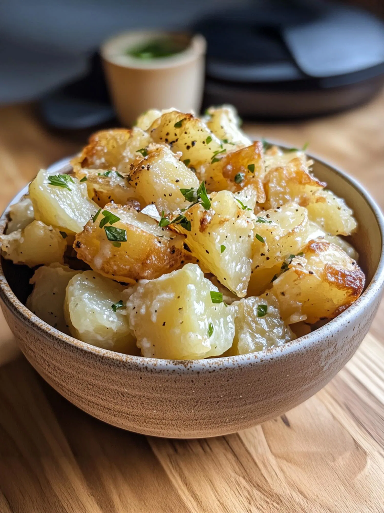A rustic ceramic bowl filled with golden-brown roasted potato chunks garnished with fresh herbs and black pepper