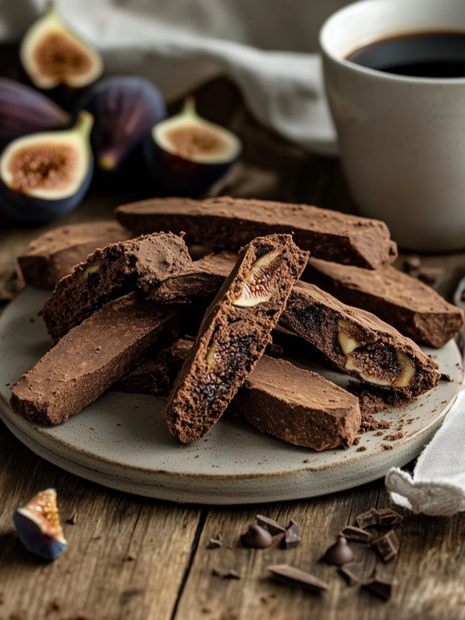 Stack of dark chocolate fig biscotti on a ceramic plate with fresh figs and coffee in the background