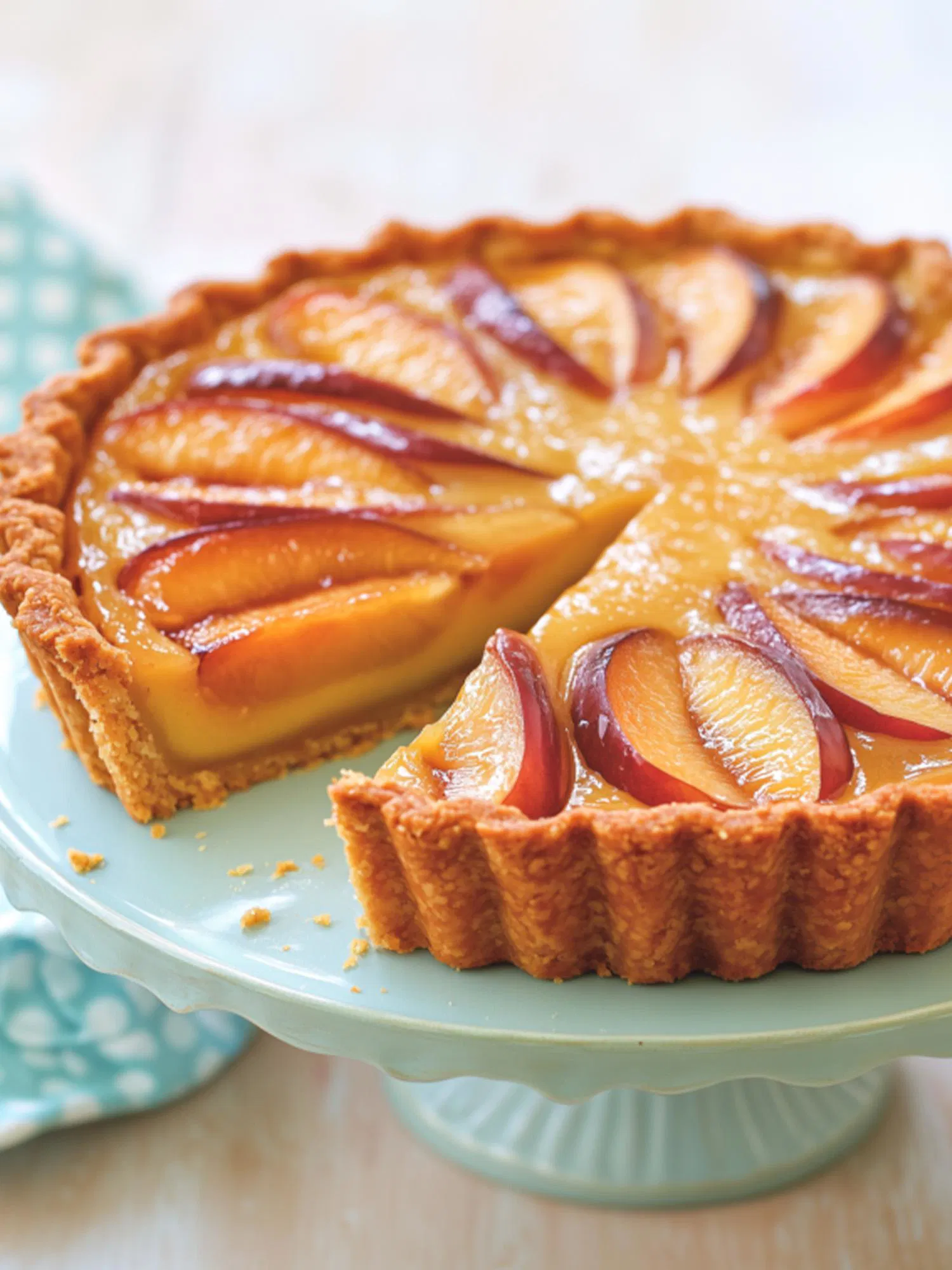 Sliced peach tart with a fluted crust and custard filling on a mint green cake stand, with one piece separated