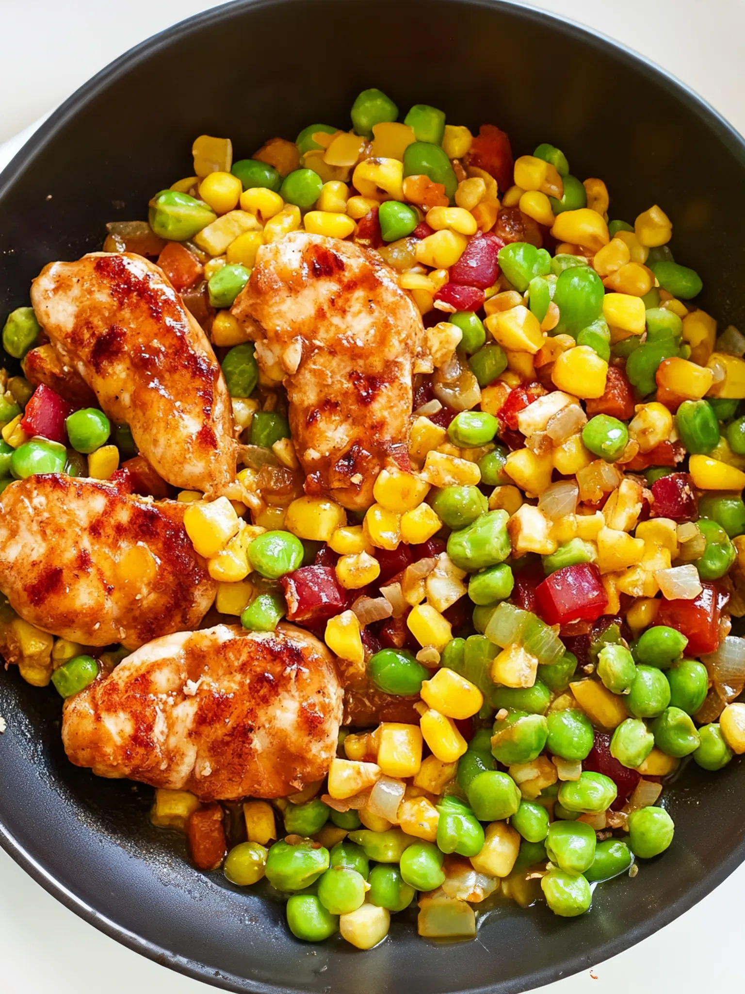 Glazed chicken tenders served over a colorful mix of corn, green peas, and diced red peppers in a black bowl