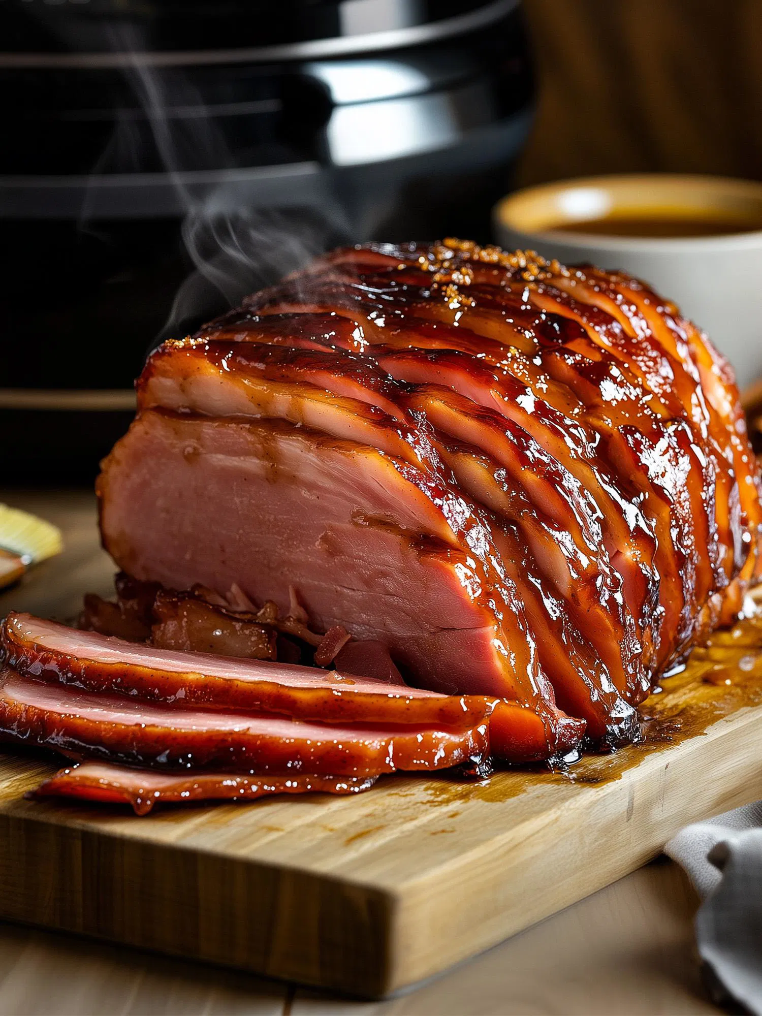 Steaming hot spiral-cut glazed ham topped with mustard seeds on a wooden board