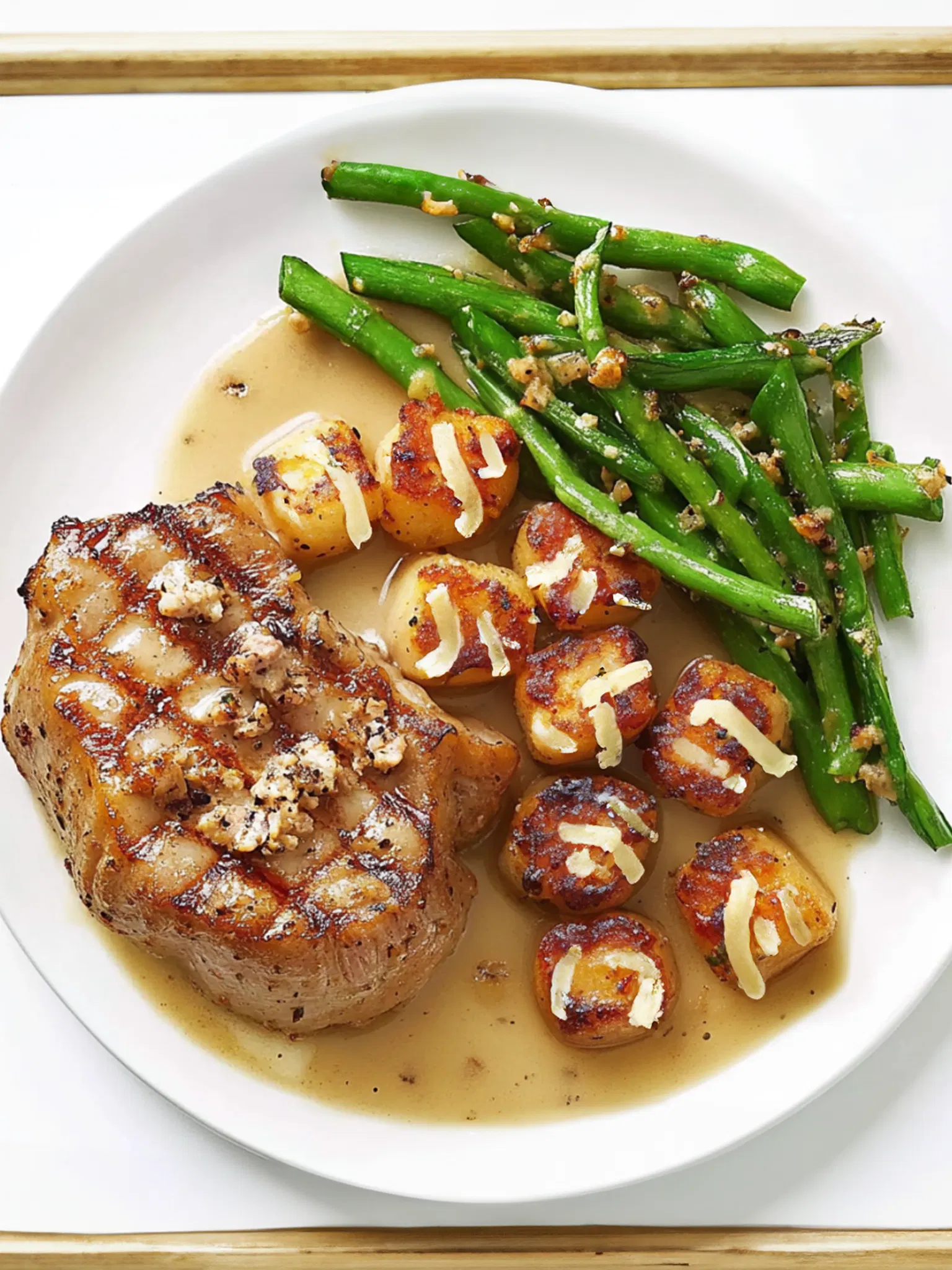 Grilled pork chop with cheesy roasted potatoes and garlic green beans on a white plate with pan sauce