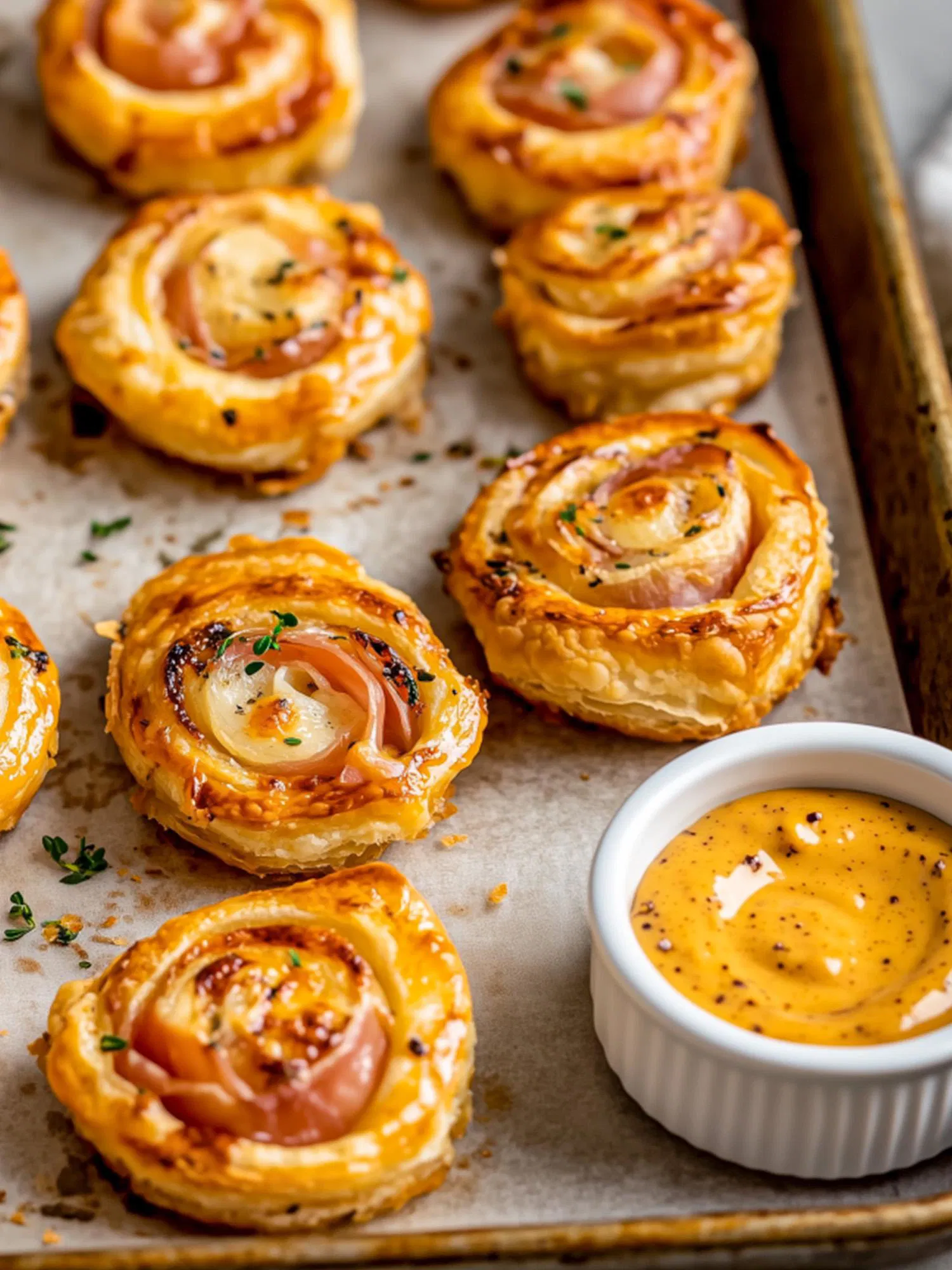Golden puff pastry pinwheels filled with ham and cheese on a baking sheet with a side of mustard dipping sauce
