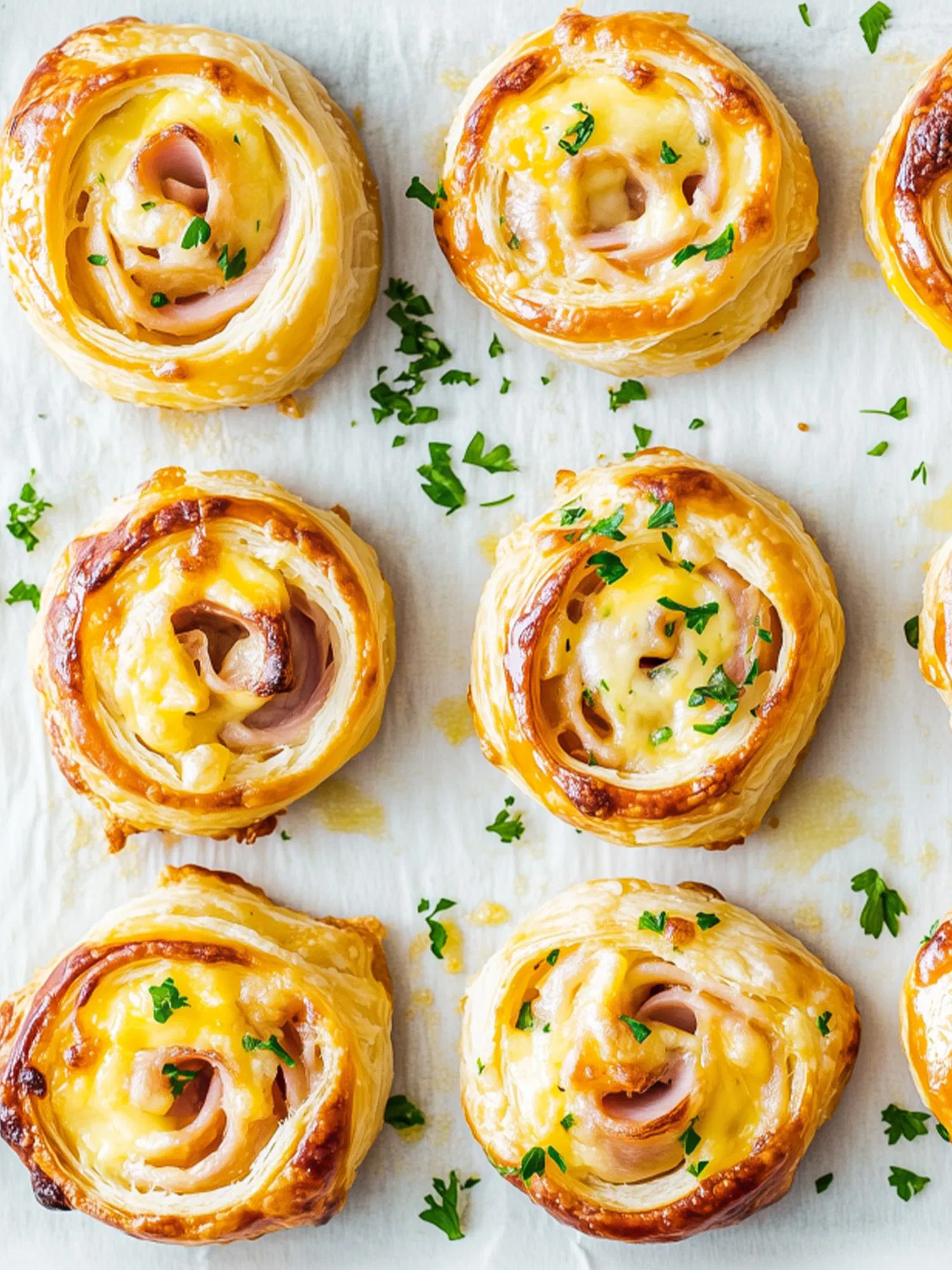 Golden brown puff pastry pinwheels filled with ham and melted cheese, garnished with fresh parsley on parchment paper.
