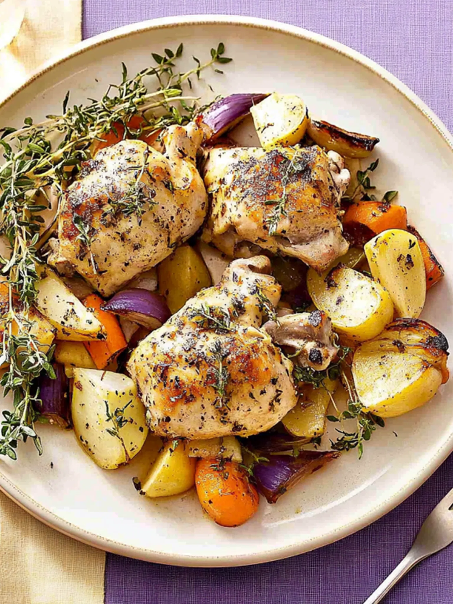 Roasted chicken thighs with potatoes, red onions, and carrots on a white plate garnished with fresh thyme.