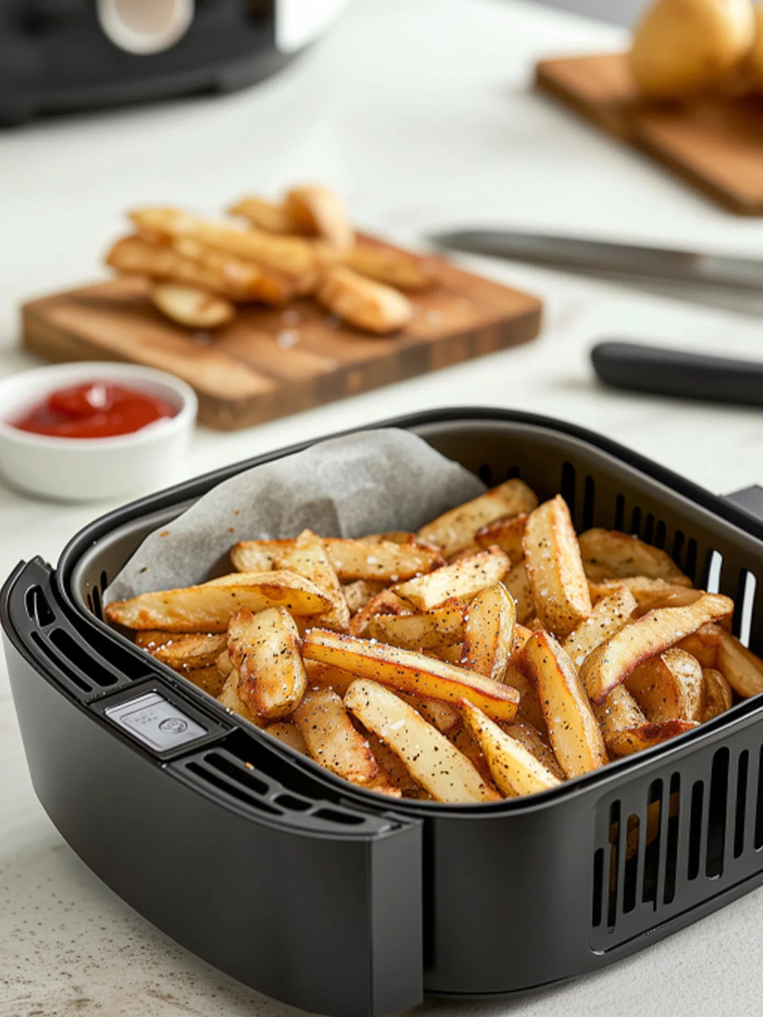 Golden seasoned french fries inside a black air fryer basket lined with parchment paper, with a side of ketchup nearby