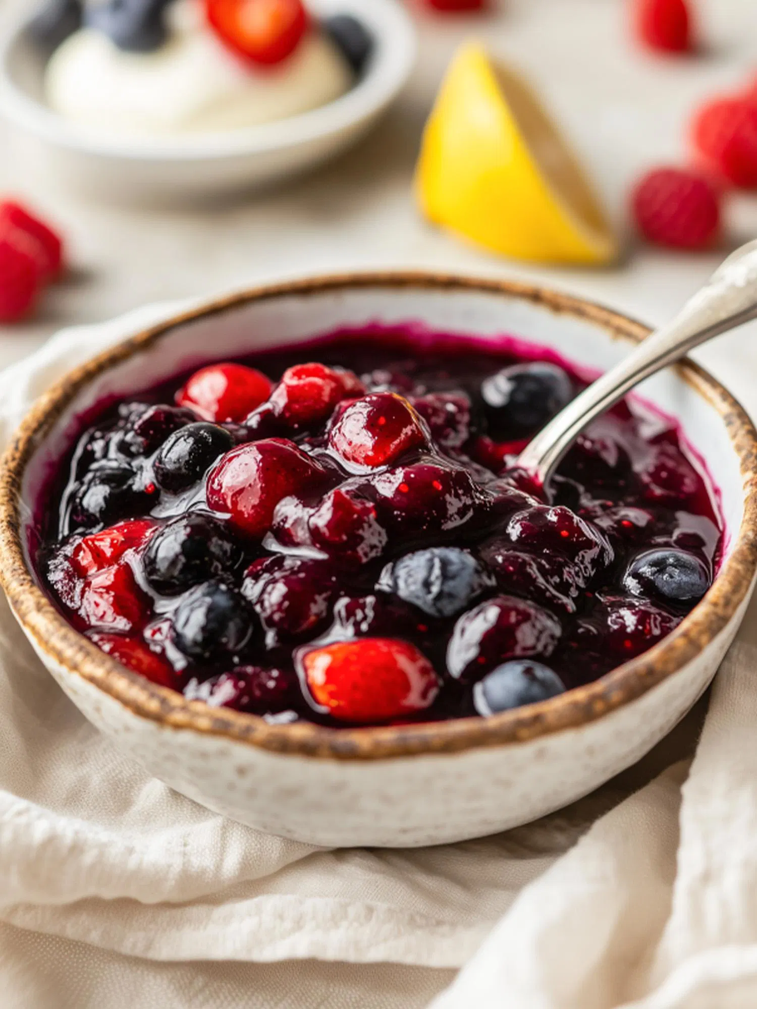Rustic bowl filled with glossy mixed berry compote featuring blueberries and red currants with a silver spoon