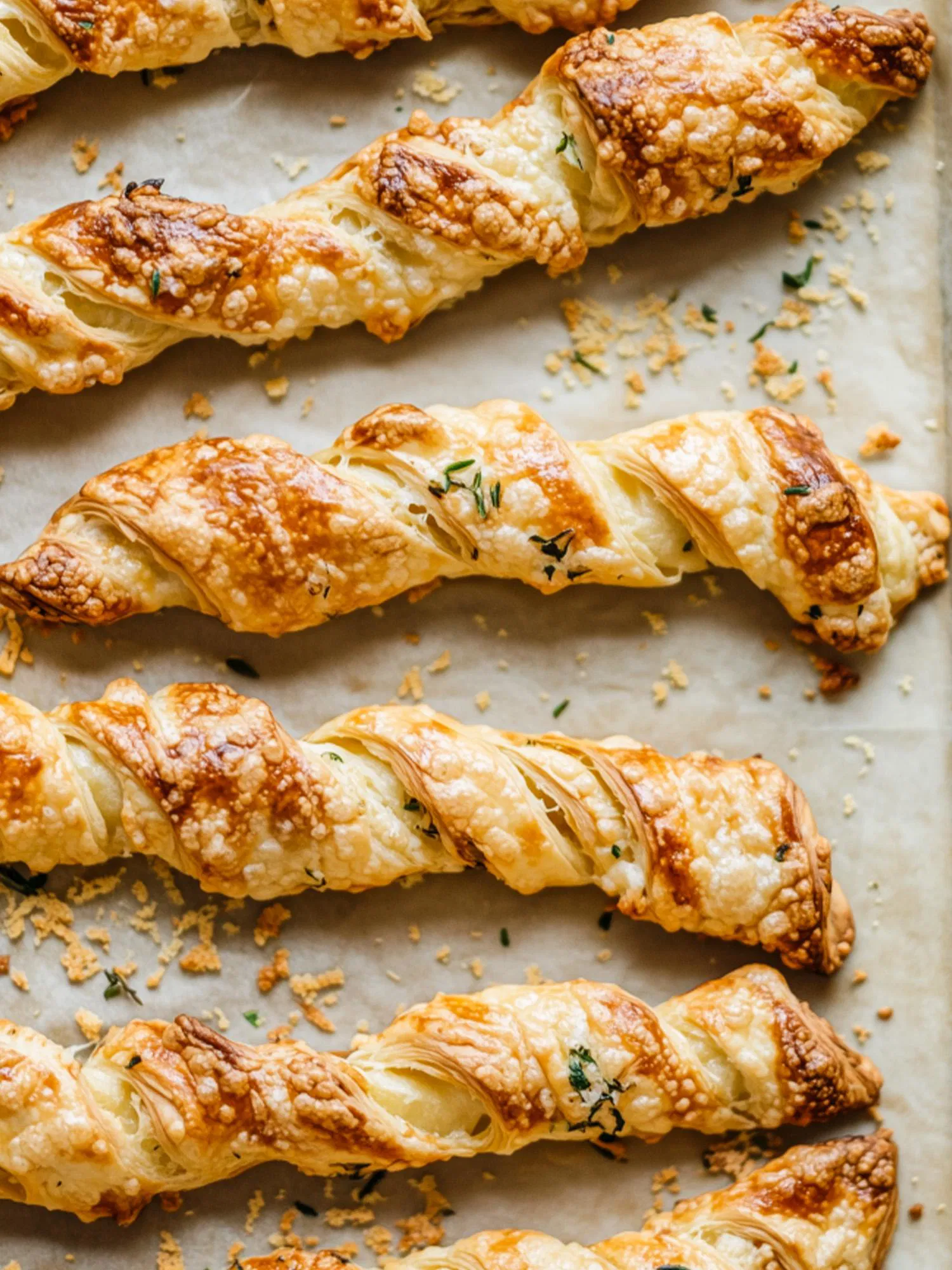 Golden flaky cheese straws twisted and baked to perfection on parchment paper with scattered herbs
