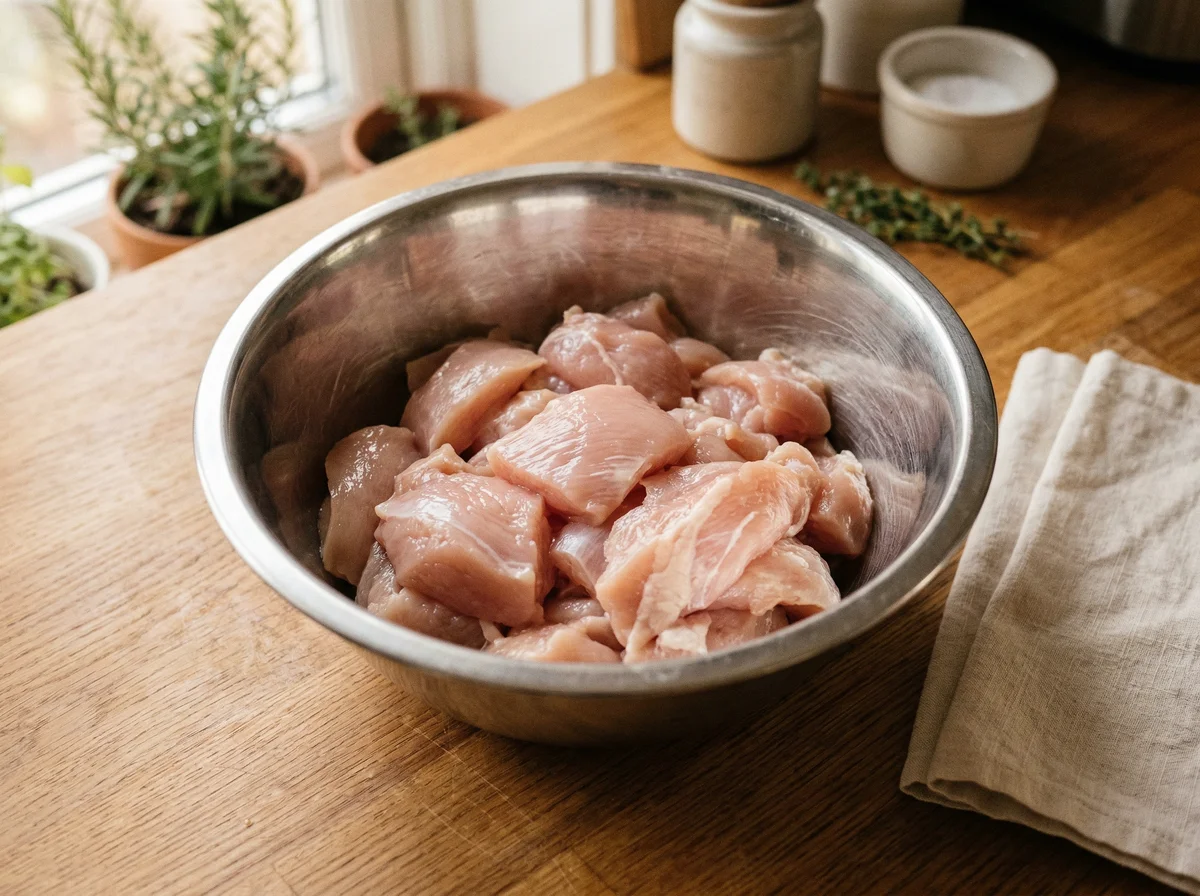 This overhead shot displays the raw, labeled ingredients for a savory dish, featuring a bowl of chicken pieces, bacon, bay leaves, garlic, thyme, celery stalks, and whole leeks arranged on a white surface.