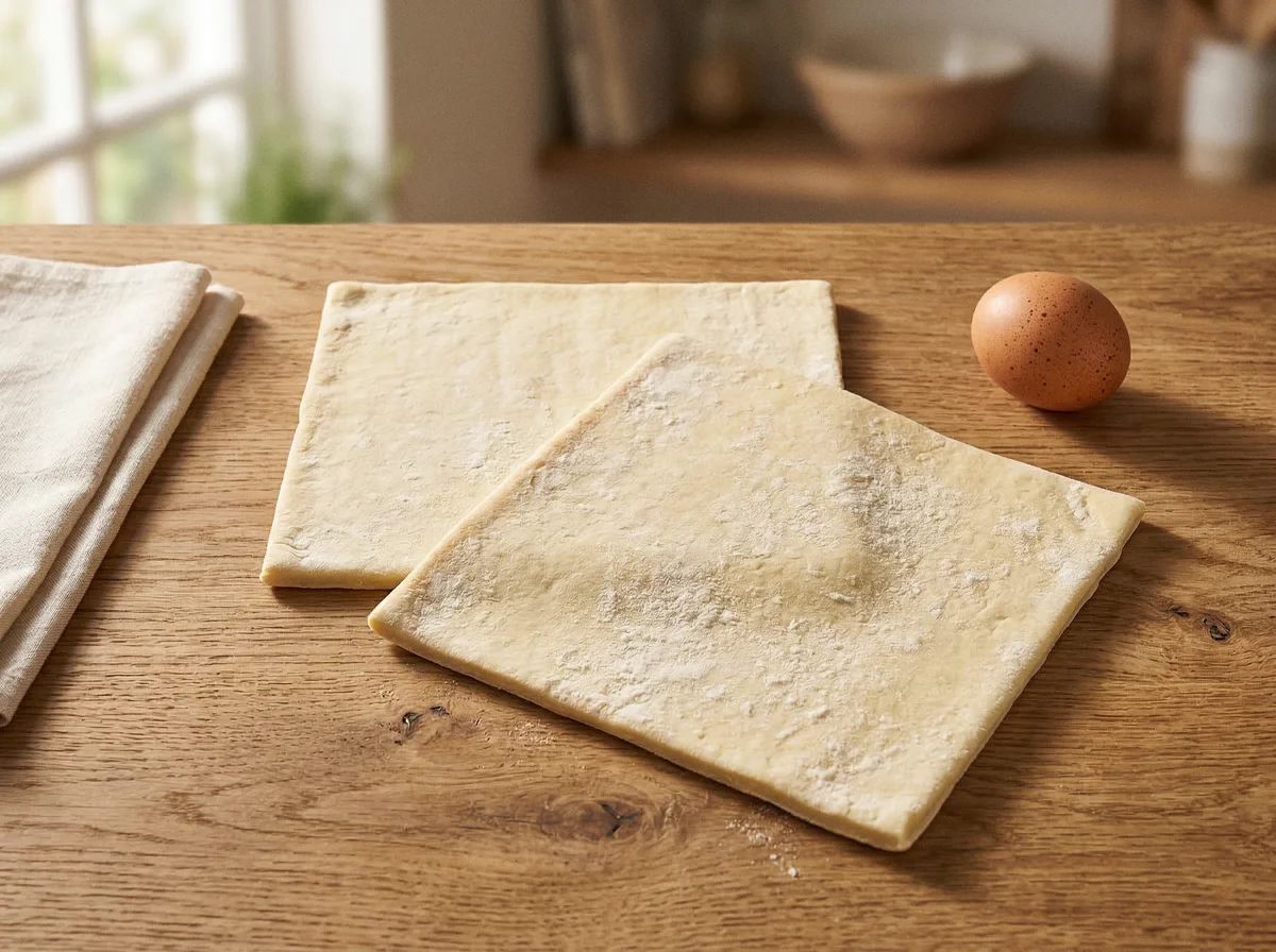 Two square sheets of uncooked puff pastry dough are laid out on a white marble surface alongside a single brown egg, indicating the preparation stage for baking.