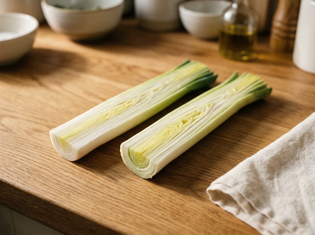 This instructional image demonstrates the preparation of leeks, showing cut sections lying flat in step three and hands peeling apart the individual layers in step four.