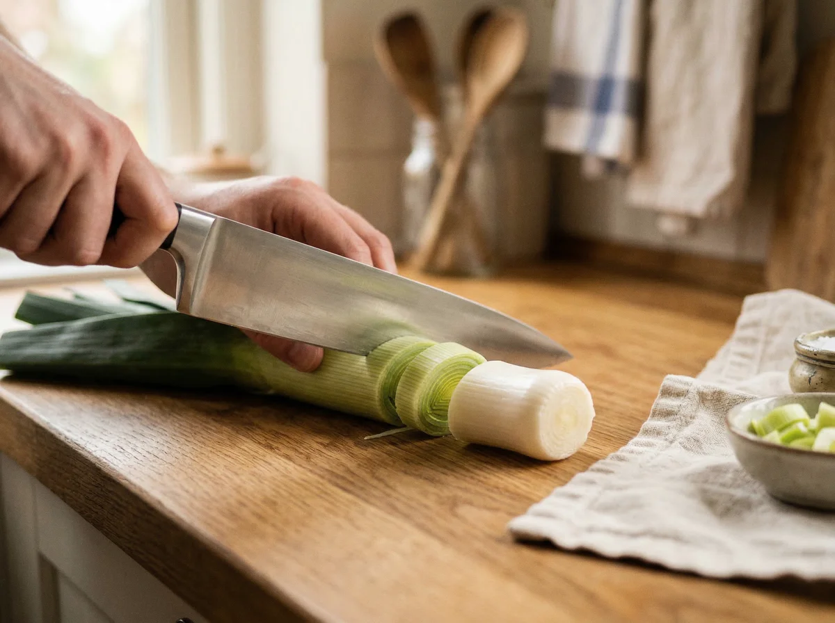 This split instructional image demonstrates the preparation of leeks, showing a knife slicing through the white bulb in step five and dicing the green stalks into small pieces next to a pile of chopped vegetables in step six.