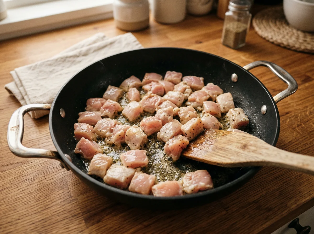 This two-panel image demonstrates the initial cooking stages of a dish, showing diced chicken being browned in a skillet followed by diced bacon being sautéed to render its fat.
