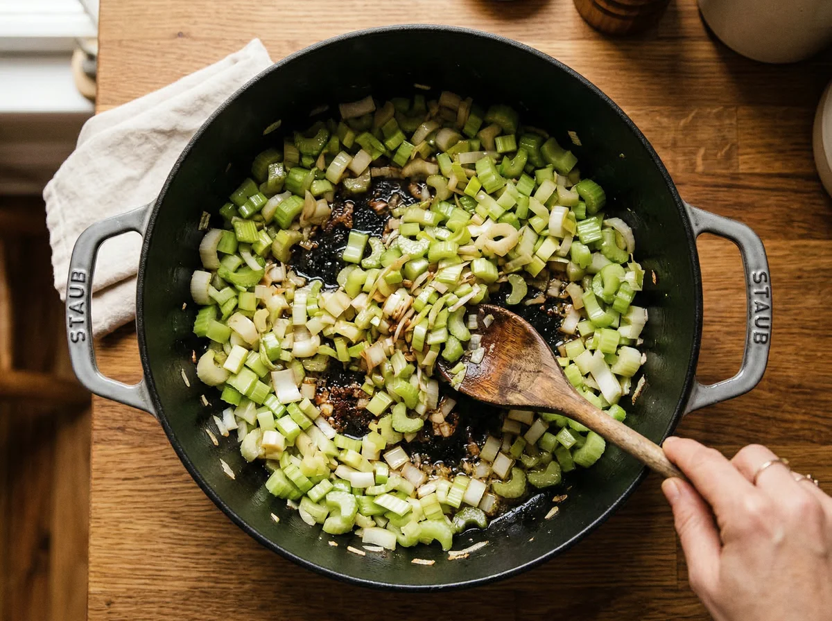 This two-panel image depicts the process of sautéing chopped celery and diced bacon in a black pot, followed by pouring a clear liquid, likely broth or wine, over the mixture.
