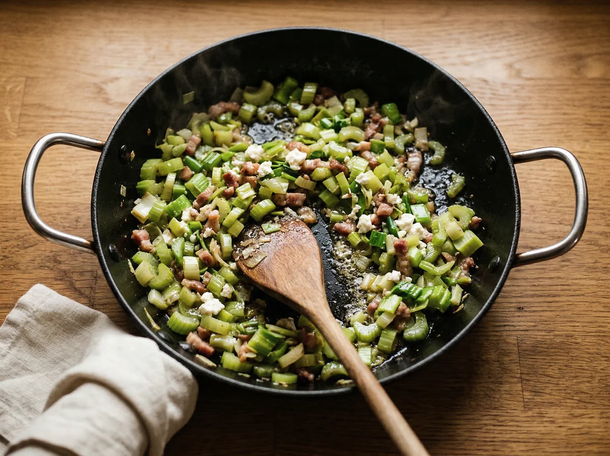 This two-panel image shows chopped celery and bacon being sautéed with flour in a black enameled pan, followed by the addition of broth from a glass measuring cup.