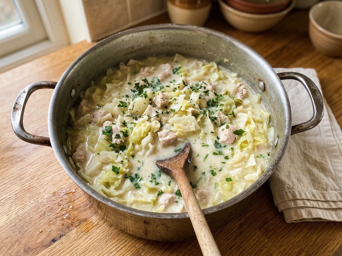 This split image shows a creamy mixture of chopped leeks and chunks of chicken or vegetables simmering in a large pot, with a close-up view of a wooden spoon lifting the thick, steaming contents.