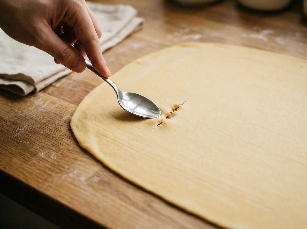 This two-step instructional image shows hands working with a sheet of yellow dough, first pressing it with a spoon and then using a white square baking dish as a template to trim the edges.