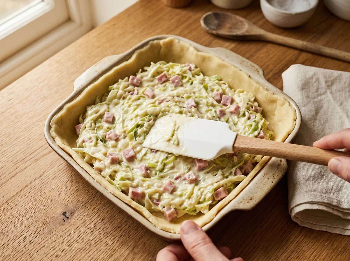This two-panel image demonstrates the assembly of a savory pie, showing a creamy filling being spread into a dough-lined square dish in the first step and a top layer of pastry being pressed down by hand in the second.