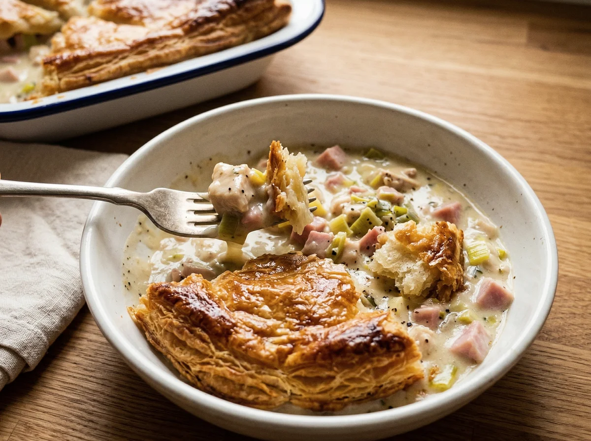 A white bowl contains a creamy stew with chunks of meat and vegetables, topped with a large, golden-brown sheet of flaky puff pastry that is being broken apart by a silver fork.