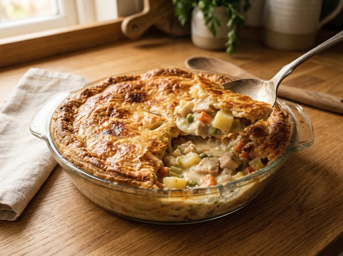 A metal spoon scoops a portion from a golden-brown baked casserole, revealing a creamy, chunky filling of chicken and sauce beneath the crust.