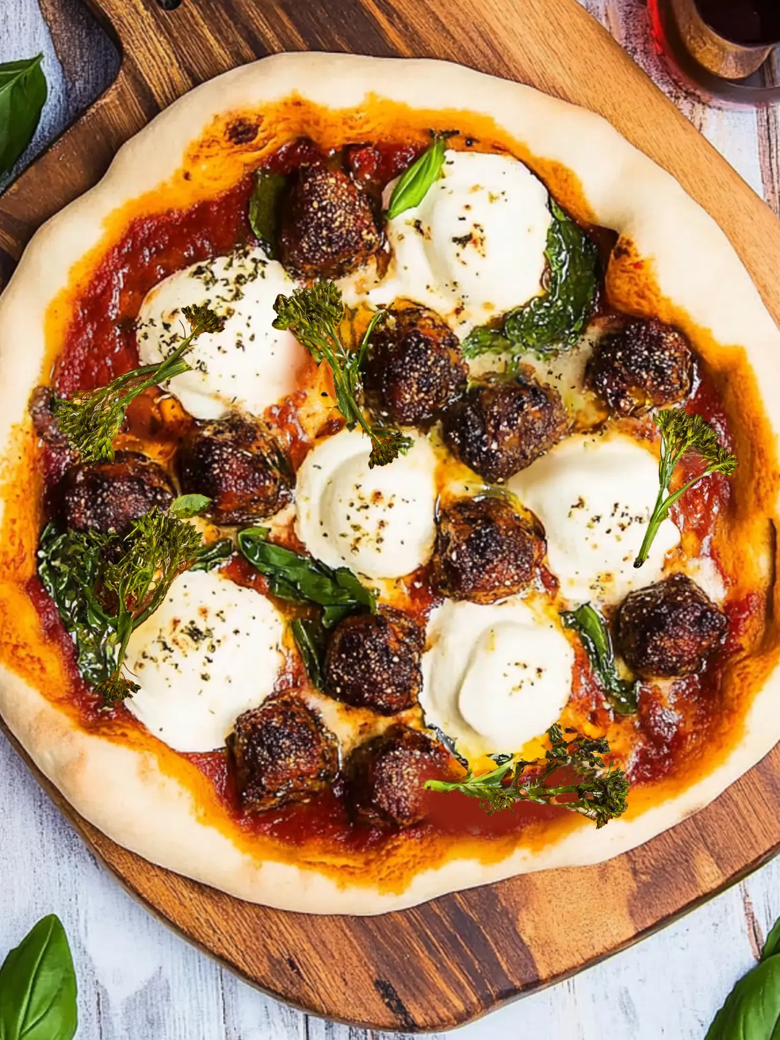 Overhead shot of a pizza with meatballs, large mozzarella balls, and roasted green vegetables on a wooden peel