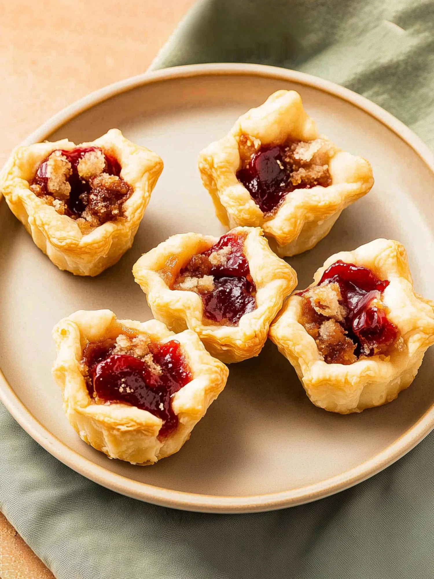 Five golden mini apple crumble tarts topped with red berry jam arranged on a beige plate