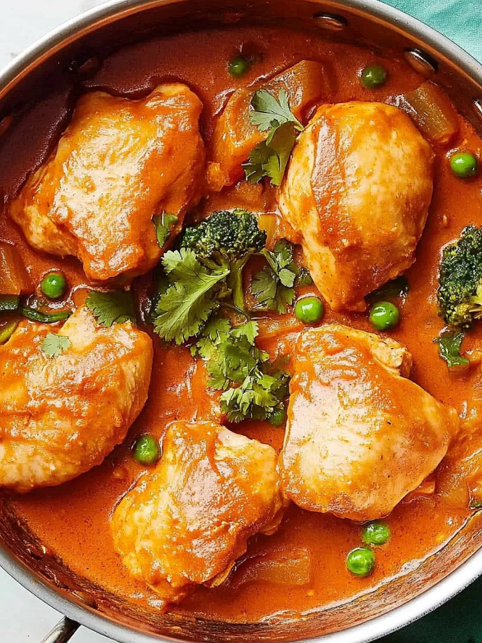 Chicken curry with broccoli and peas in a skillet garnished with fresh cilantro