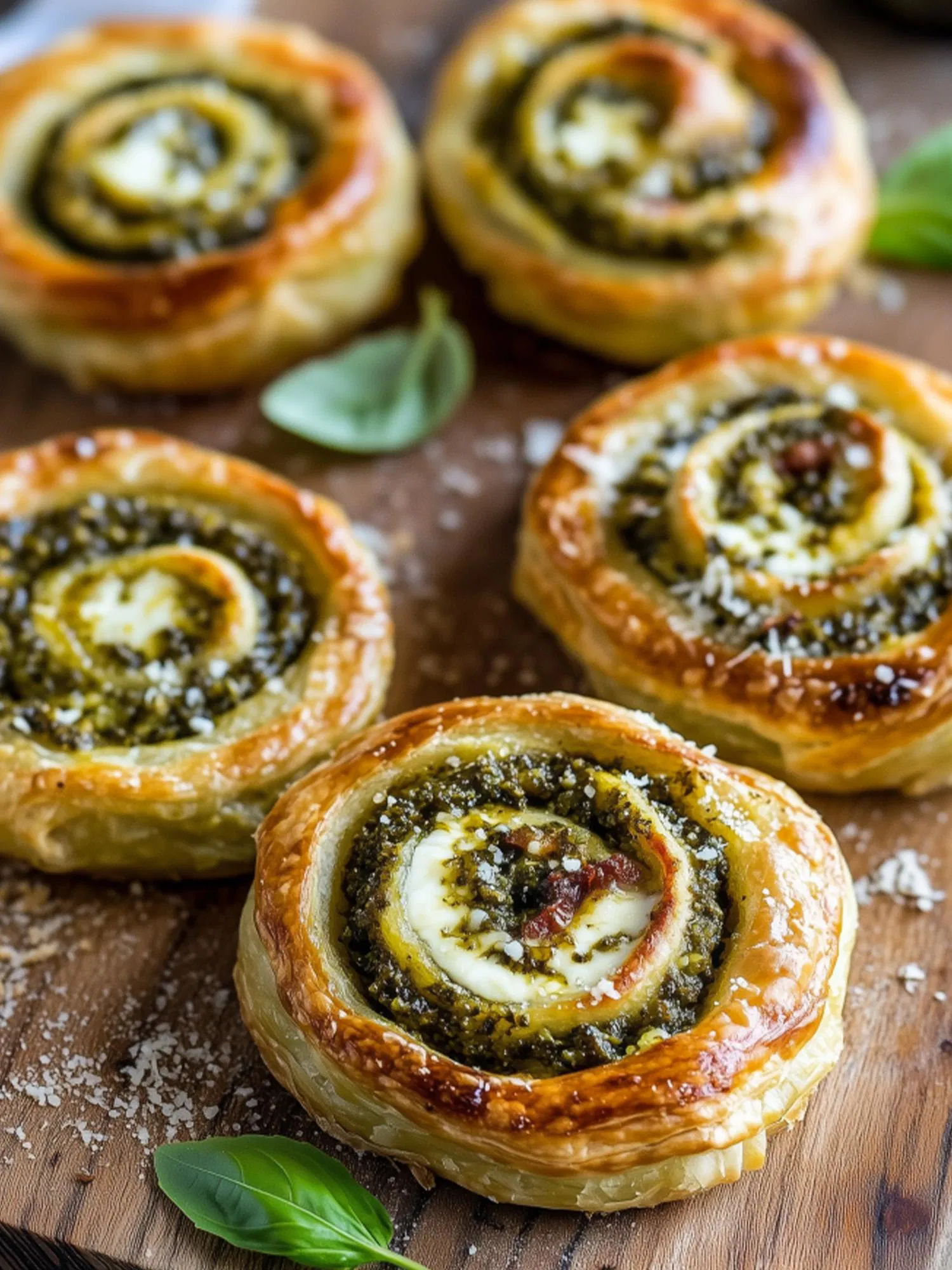 Five golden-brown pesto and cheese puff pastry pinwheels arranged on a wooden board with fresh basil leaves