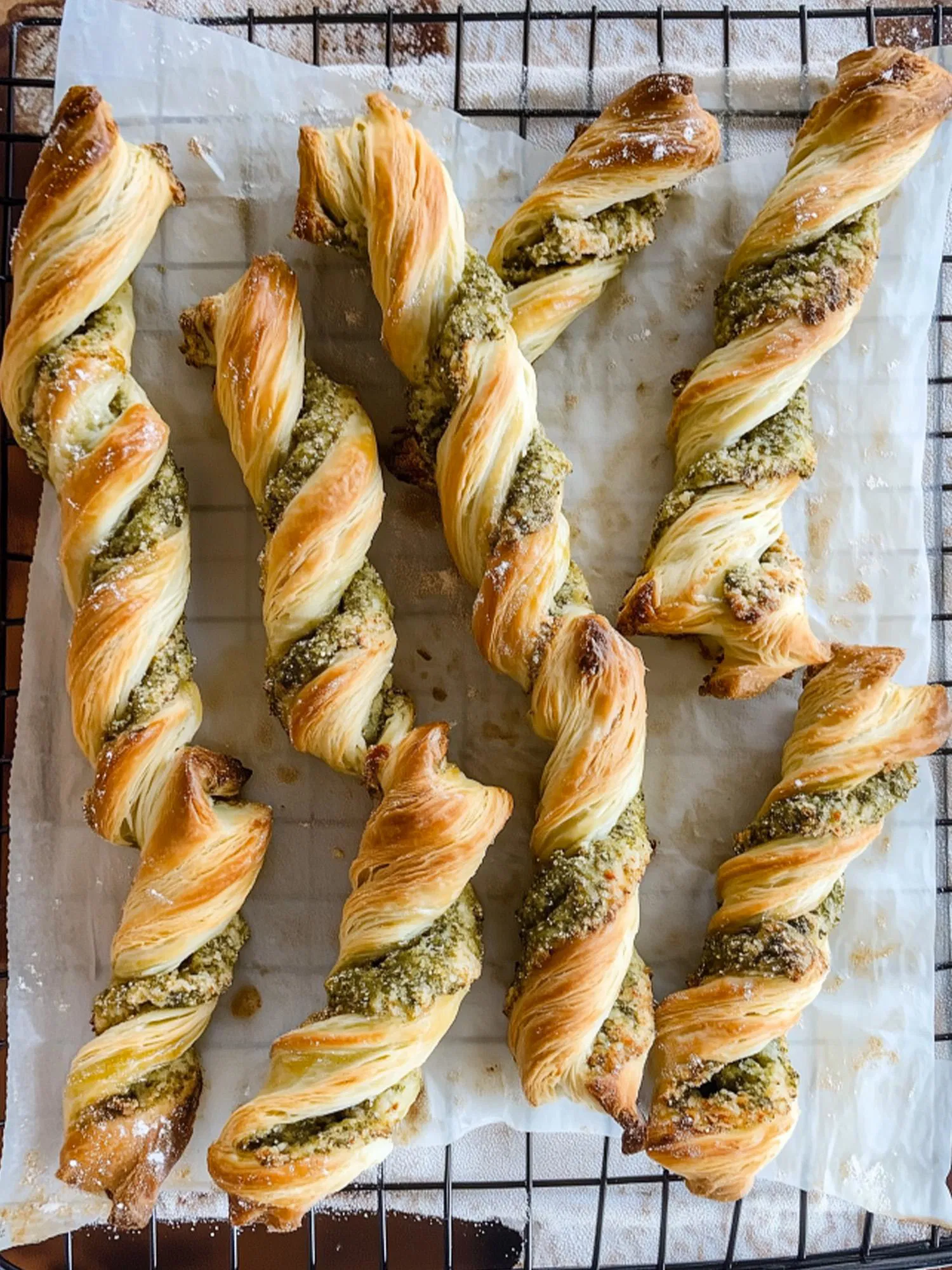 Several golden brown pesto puff pastry twists arranged on parchment paper over a cooling rack