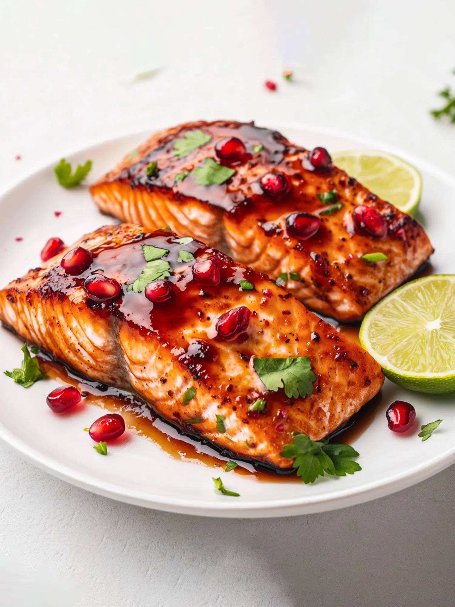 Glazed salmon fillets topped with pomegranate seeds and cilantro served with lime wedges on a white plate