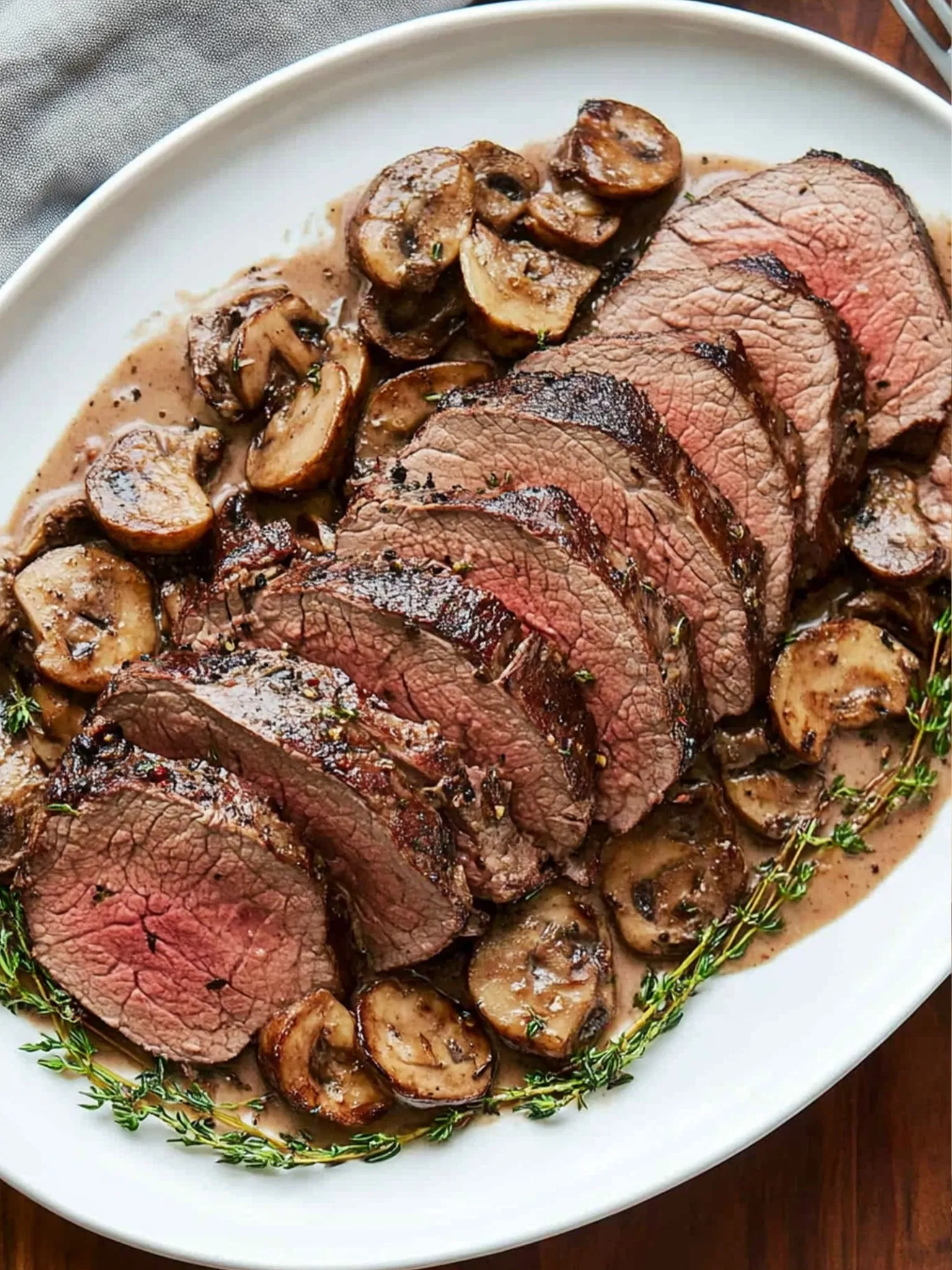 Slices of pink-centered roast beef served with sautéed mushrooms and thyme in a creamy sauce on a white platter